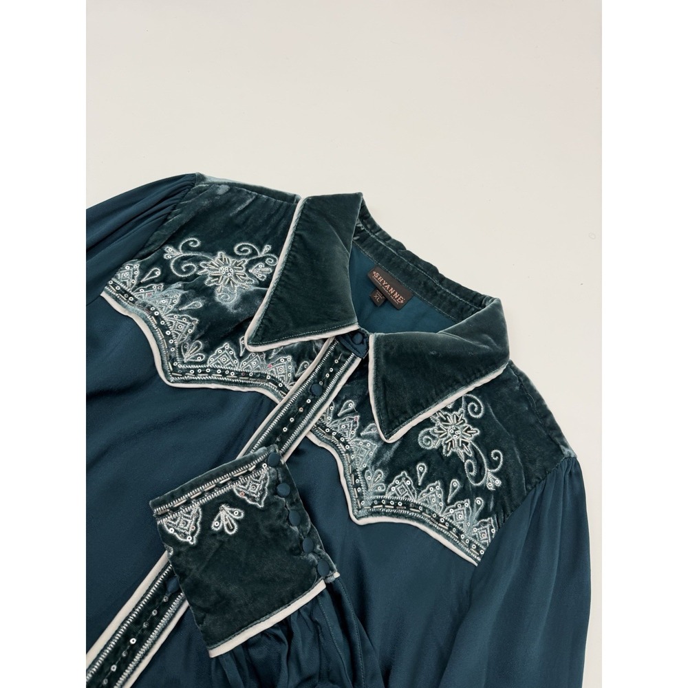 Vintage Shyanne Velvet Trim Embroidered Western Blouse XL Green Boho - Picture 7 of 9